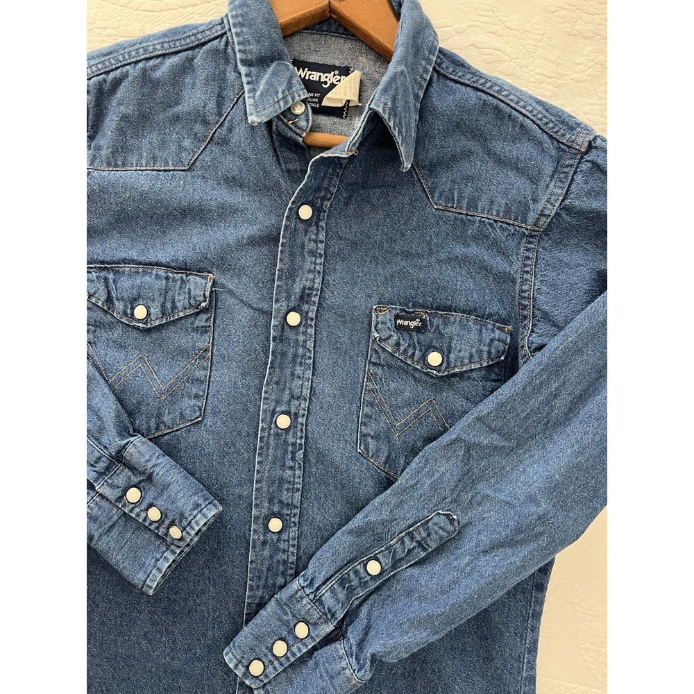 Vintage Wrangler Denim Pearl Snap Western Shirt 15x33 Cowboy USA